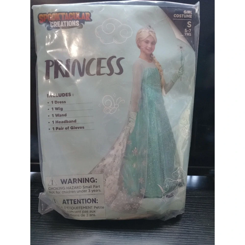 Girls Princess Costume Elsa Style Spooktacular Creations Size S 5-7 Dress Wig...